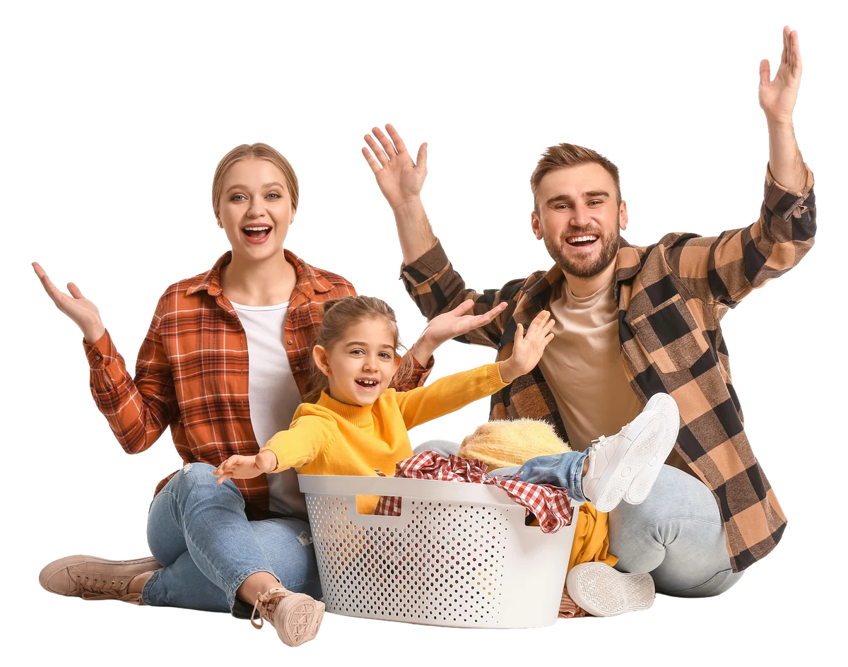 A happy family with a basket of fresh laundry