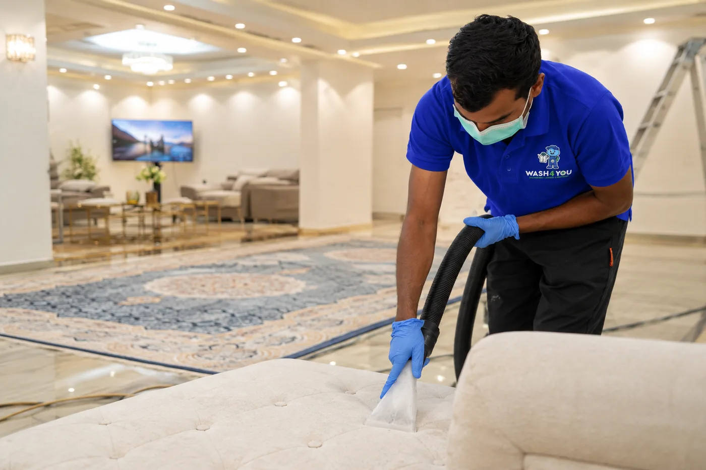 Wash4You team member cleaning a mattress and carpet at a customer's home