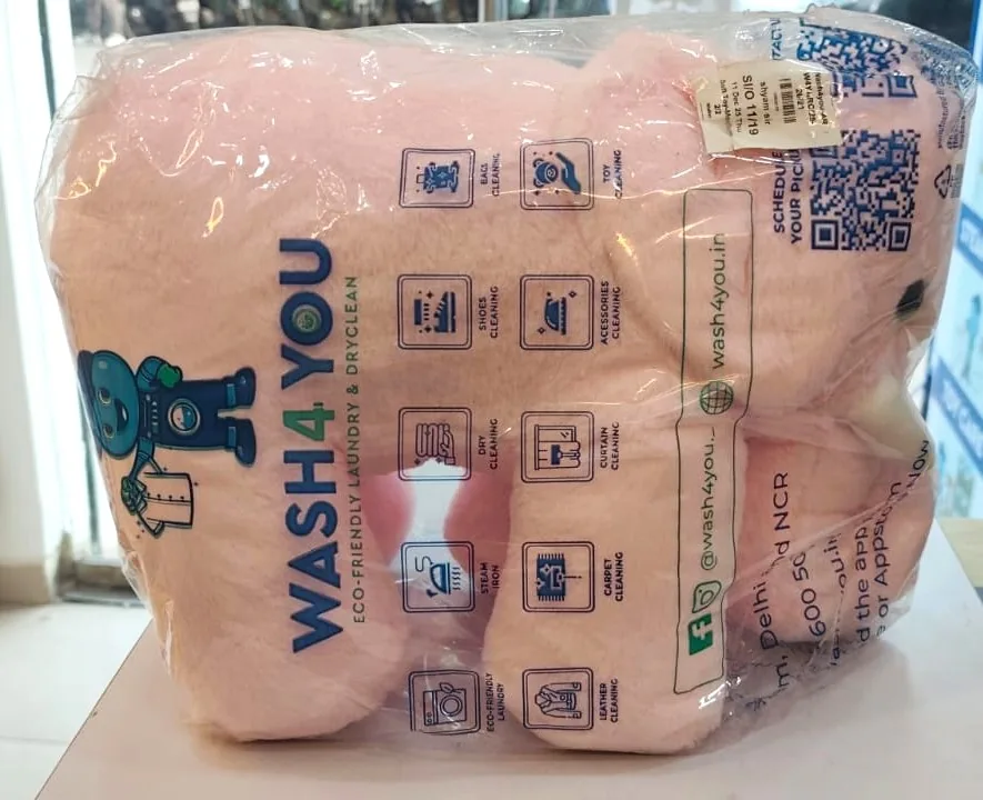 Soft toy sealed in Wash4You packaging