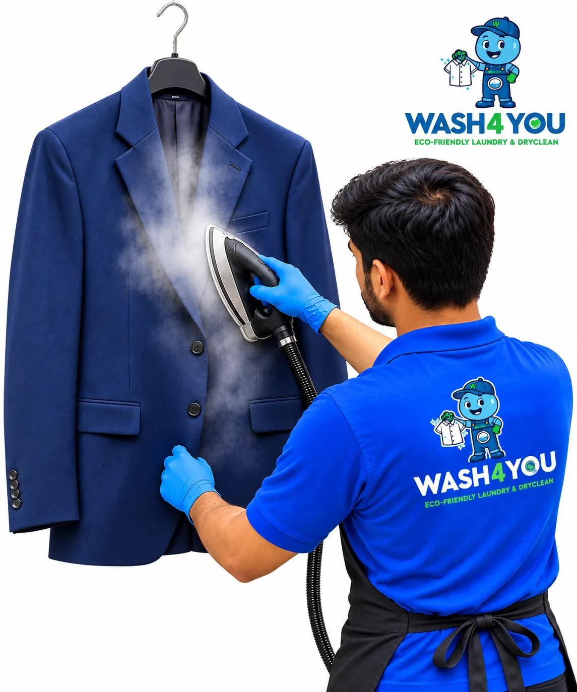 Wash4You team member steaming a blazer