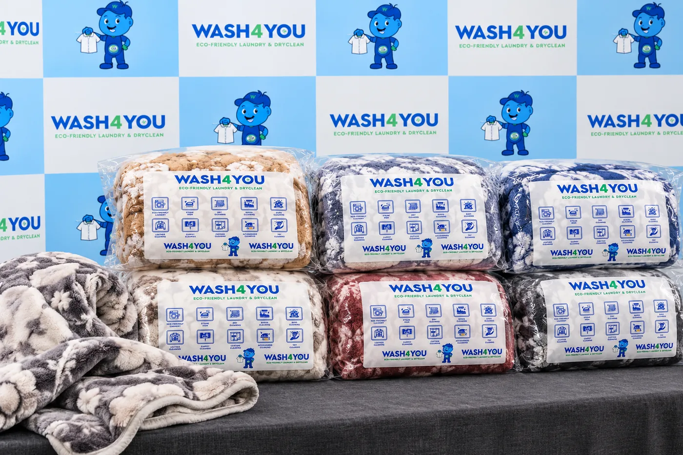 Cleaned blankets sealed in Wash4You packaging