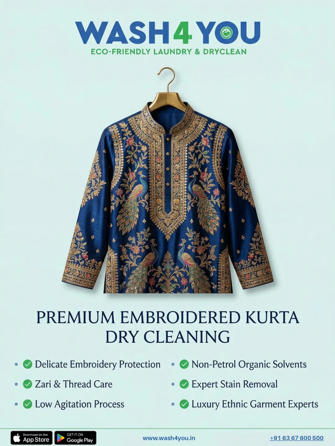 Premium embroidered kurta dry cleaning by Wash4You