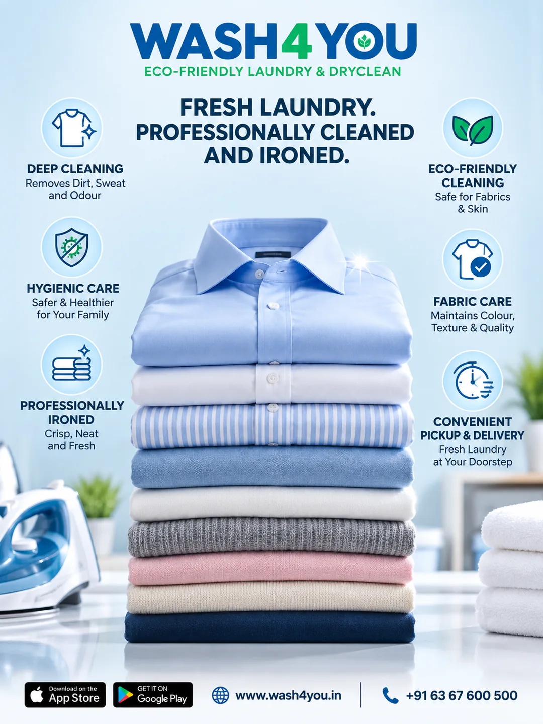 Laundry professionally cleaned and ironed by Wash4You