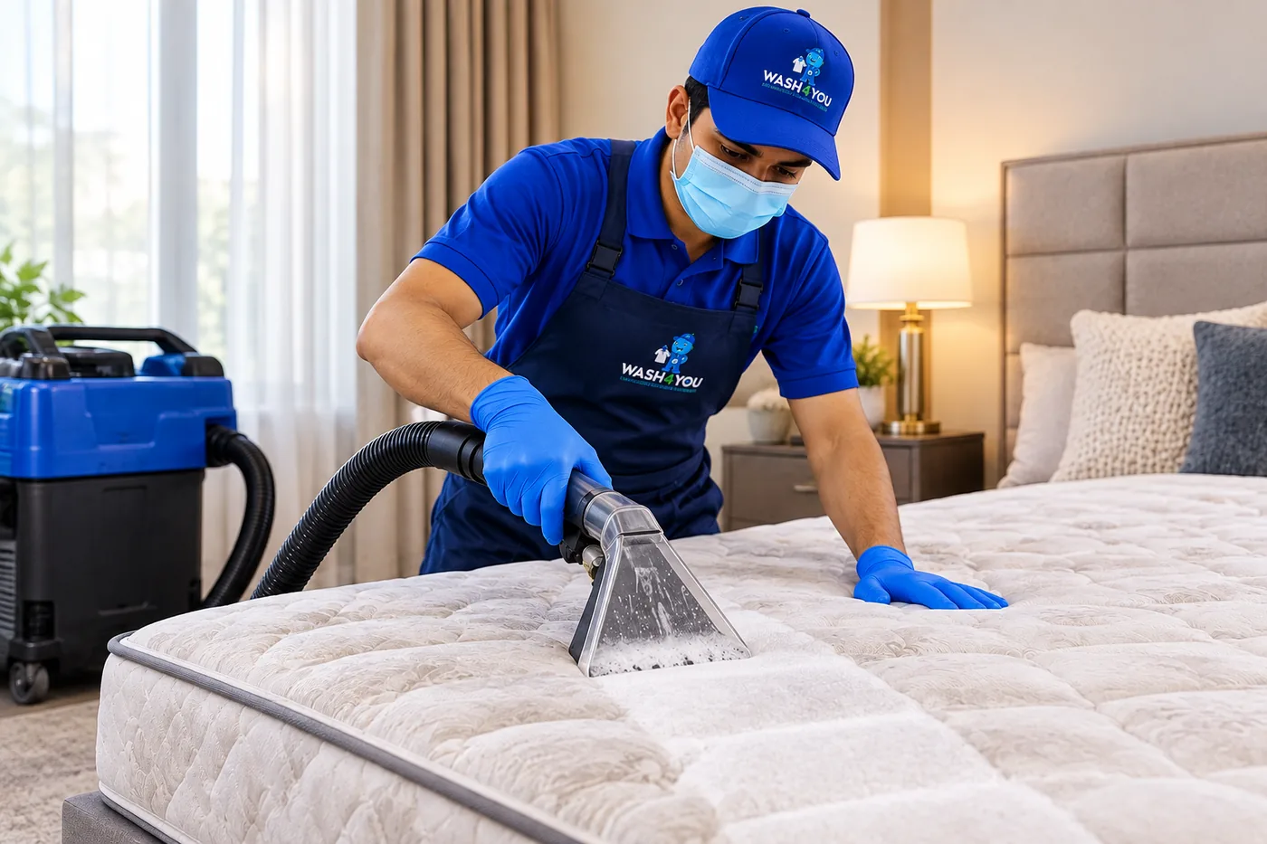 Wash4You team deep cleaning a mattress