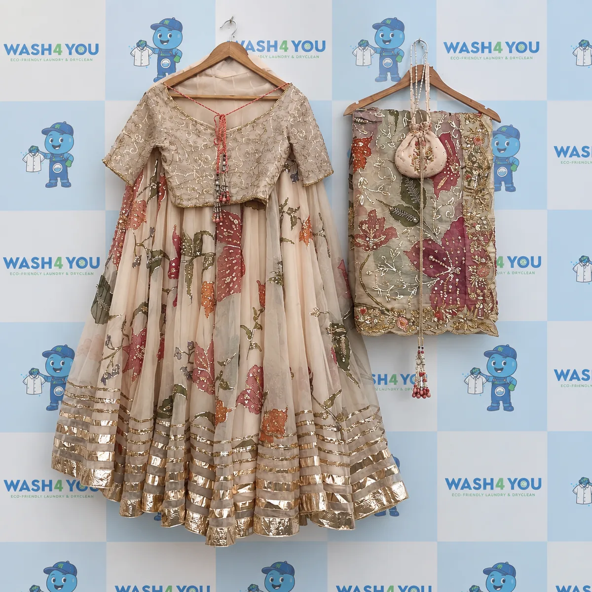 The same designer lehenga set after Wash4You cleaning