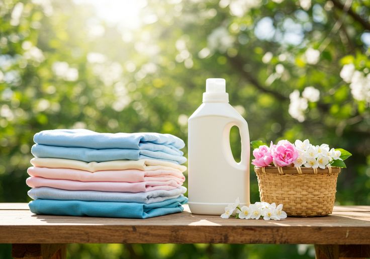 Stack of cotton, wool, and synthetic clothes next to bottle of detergent for laundry.