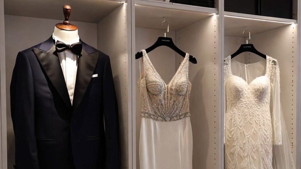 Formal garments like suits and gowns displayed neatly, showing why understanding how often you should dry clean formal wear helps preserve fabric quality and shape.