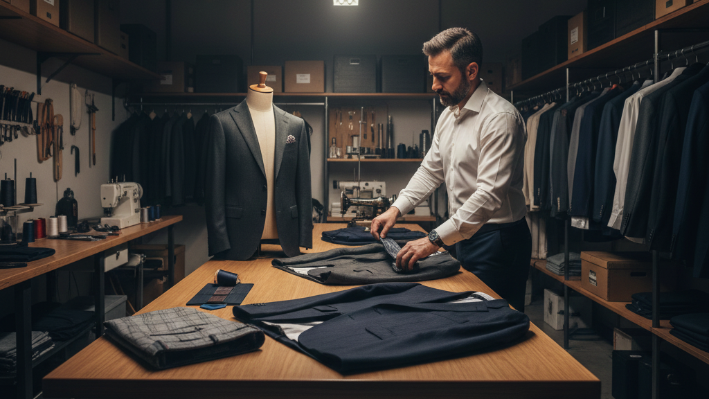 Professional examining a variety of men’s suits to show why different suits require different dry cleaning treatment.