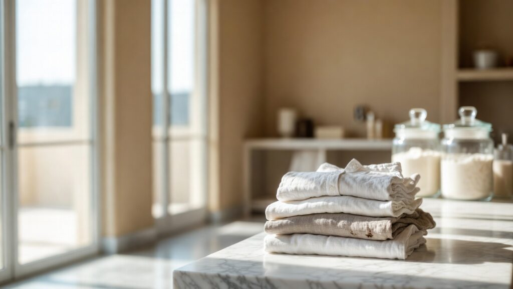7 Steps To Remove Mud Stains From Clothes - Luxury laundry room interior with natural daylight streaming through large windows, a neatly folded stack of premium cotton and linen garments on a marble countertop, subtle mud stains visible on one cuff, elegant glass jars with eco-friendly detergent, soft neutral color palette, high-end home aesthetic, shallow depth of field, cinematic lighting, ultra-realistic, 16:9 landscape orientation.