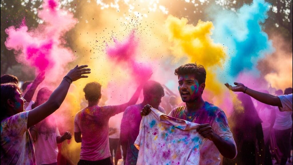 How to Remove Holi Colour Stains from Clothes Safely- Landscape orientation, 16:9 — A bright and joyful Holi celebration scene in India, friends throwing colorful powder in the air, vibrant pink, yellow, and blue gulal clouds filling the background, sunlight glowing through the colors, one person looking slightly worried while holding a stained white shirt, realistic photography style, sharp details, festive yet practical mood, natural lighting, high resolution.