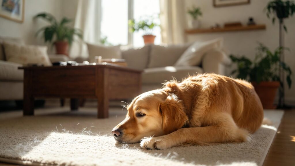 How to remove pet hair and odour from carpet rug- Landscape orientation, cozy modern living room with a golden retriever resting on a soft beige carpet rug, visible pet hair on carpet fibers under natural sunlight, subtle lived-in feel, neutral décor with indoor plants, soft depth of field, realistic home environment, warm lighting, high detail carpet texture, inviting yet slightly messy pet-friendly home atmosphere, ultra-realistic photography style.