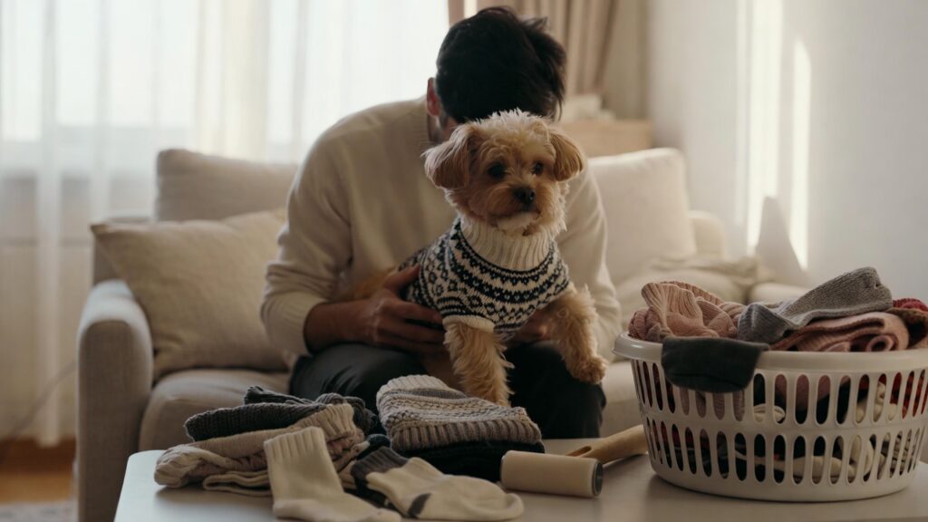 Should You Get Your Pet's Clothes Dry Cleaned?- Landscape orientation, realistic indoor home setting, a pet owner sitting on a sofa holding a small dog wearing a winter sweater, folded pet clothes on a coffee table, lint roller and laundry basket nearby, soft natural daylight coming through window, warm neutral tones, modern Indian apartment interior, cozy atmosphere, high detail, DSLR photography, shallow depth of field, 16:9 aspect ratio.