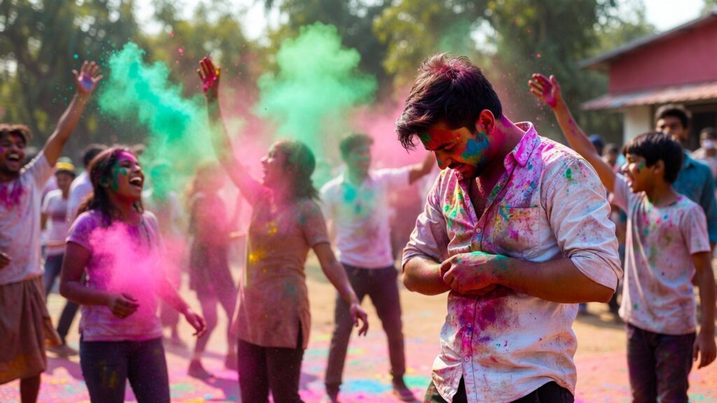 Holi celebration showing colorful powders and stained clothes, emphasizing steps to avoid deep stains on your clothes during Holi